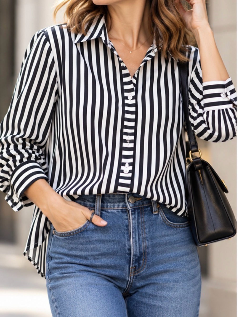 Jane + Delancey Navy White Striped Button Down Blouse L